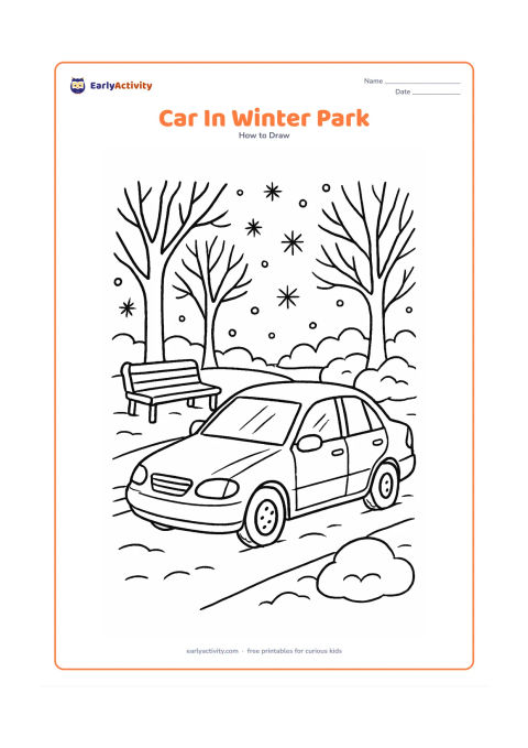Worksheet: Show a detailed car parked beside a snowy park path with bare trees, gentle snowflakes, a bench and rounded snow-covered bushes. Include windows, mirrors, door seams, lights and tire treads.