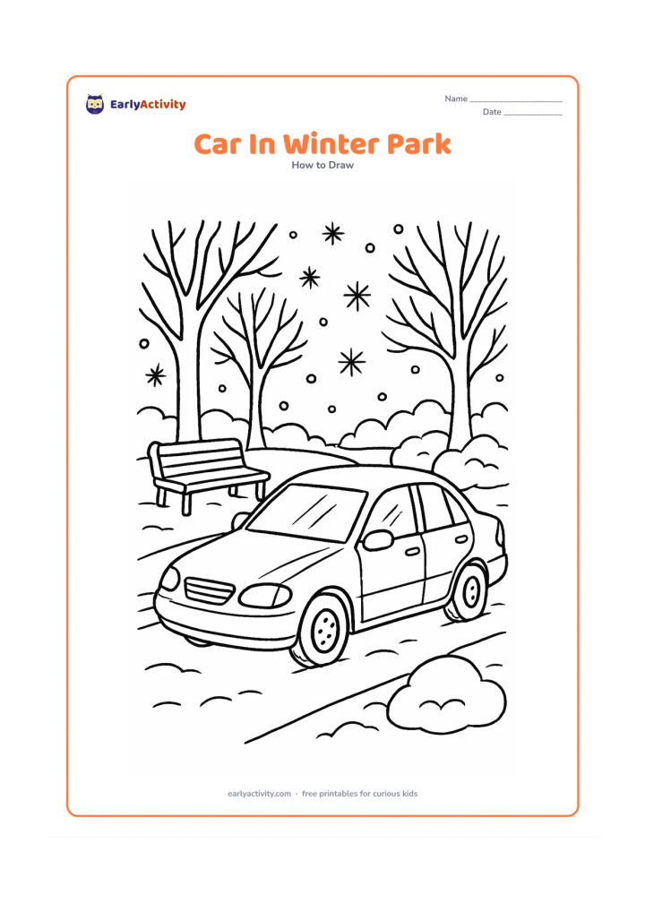 Worksheet: Show a detailed car parked beside a snowy park path with bare trees, gentle snowflakes, a bench and rounded snow-covered bushes. Include windows, mirrors, door seams, lights and tire treads.