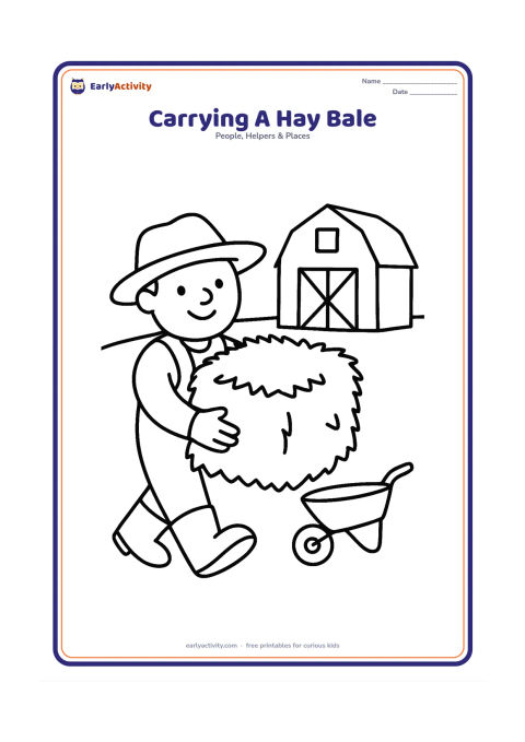 Colouring page: A farmer carries one large square hay bale across a farmyard. Include a simple barn, a pair of boots, and a small wheelbarrow behind the farmer.
