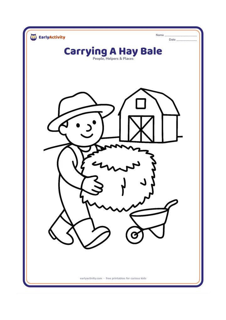 Colouring page: A farmer carries one large square hay bale across a farmyard. Include a simple barn, a pair of boots, and a small wheelbarrow behind the farmer.