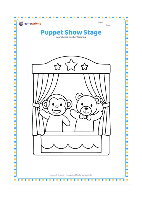 Colouring page: Draw two friendly hand puppets peeking from behind a small curtain on a toy stage. Add simple hanging fabric folds and a few stars made only as plain shapes without marks inside them.