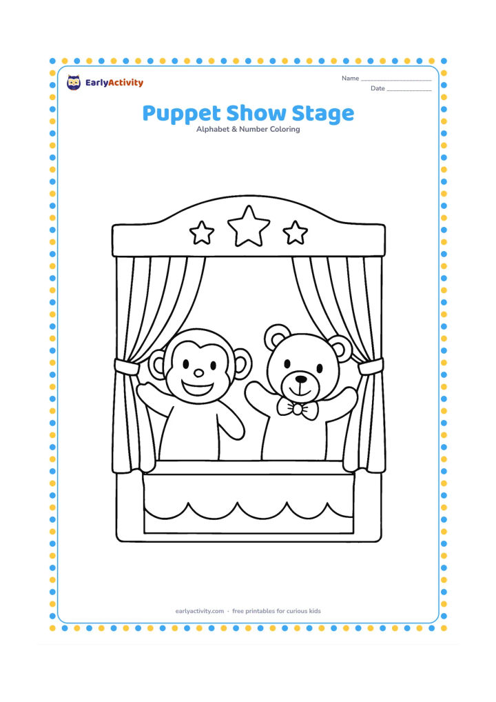 Colouring page: Draw two friendly hand puppets peeking from behind a small curtain on a toy stage. Add simple hanging fabric folds and a few stars made only as plain shapes without marks inside them.