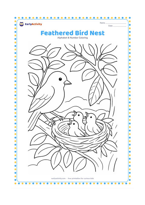 Colouring page: Draw a parent bird perched beside a nest in a leafy tree, with a large loose feather caught on a branch, three chicks, layered foliage and distant rolling hills. Show the parent bird…