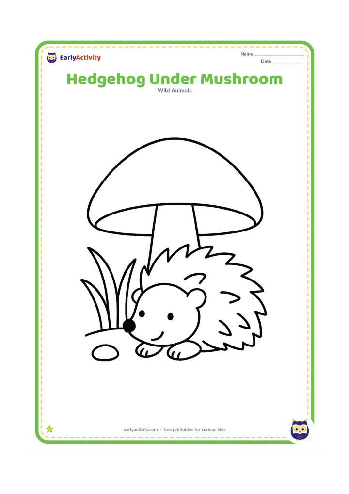 Colouring page: Draw a hedgehog resting beneath one large simple mushroom, with its face and front paws visible. Add a few wide blades of grass and one small pebble.