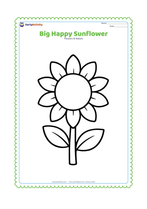 Colouring page: Draw one large sunflower facing forward, with a round centre, broad petals, a thick stem and two large leaves. Leave the page mostly open around the flower with no background objects.
