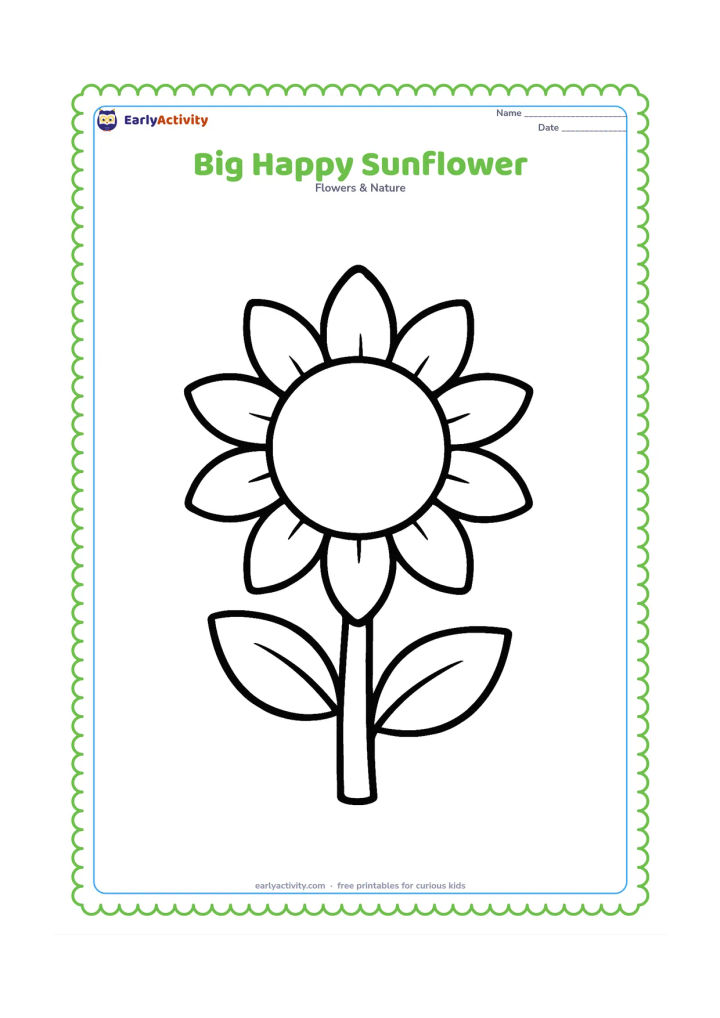 Colouring page: Draw one large sunflower facing forward, with a round centre, broad petals, a thick stem and two large leaves. Leave the page mostly open around the flower with no background objects.