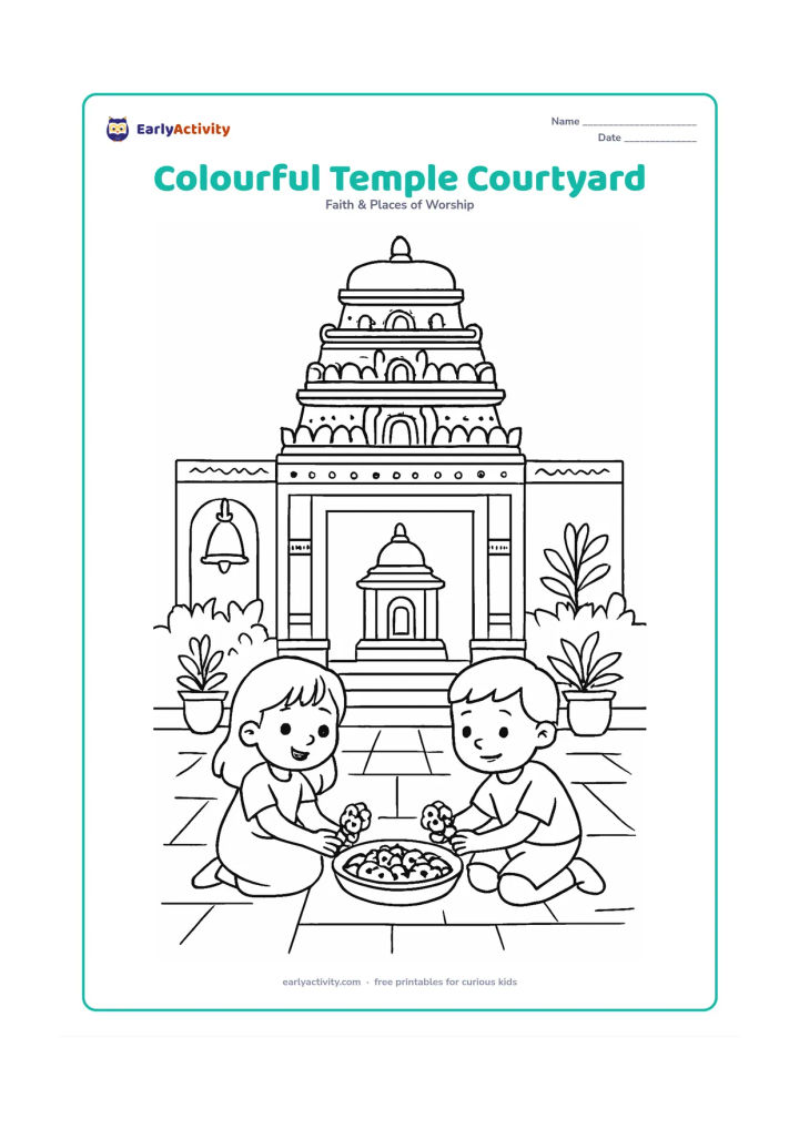 Colouring page: A medium-sized temple courtyard with a decorated entrance tower, a central shrine and two children placing flowers in a shallow offering tray. Include potted plants, a bell and paving…