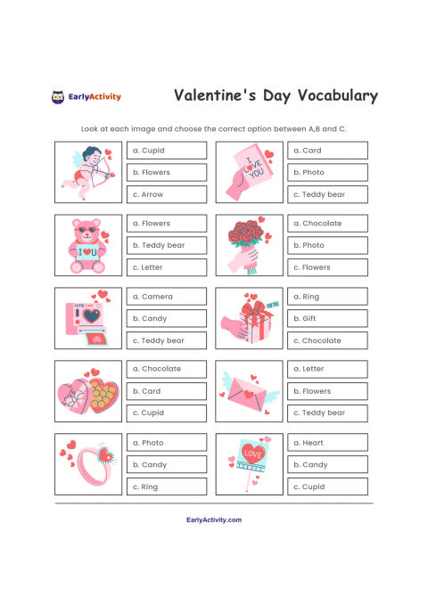 Vocabulary worksheet with ten Valentine's Day pictures and multiple-choice words, including a cupid, flowers, teddy bear, cards, gifts, chocolates, letters and rings.