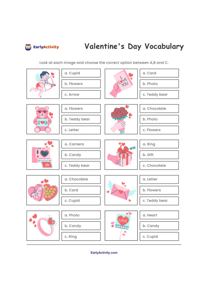 Vocabulary worksheet with ten Valentine's Day pictures and multiple-choice words, including a cupid, flowers, teddy bear, cards, gifts, chocolates, letters and rings.
