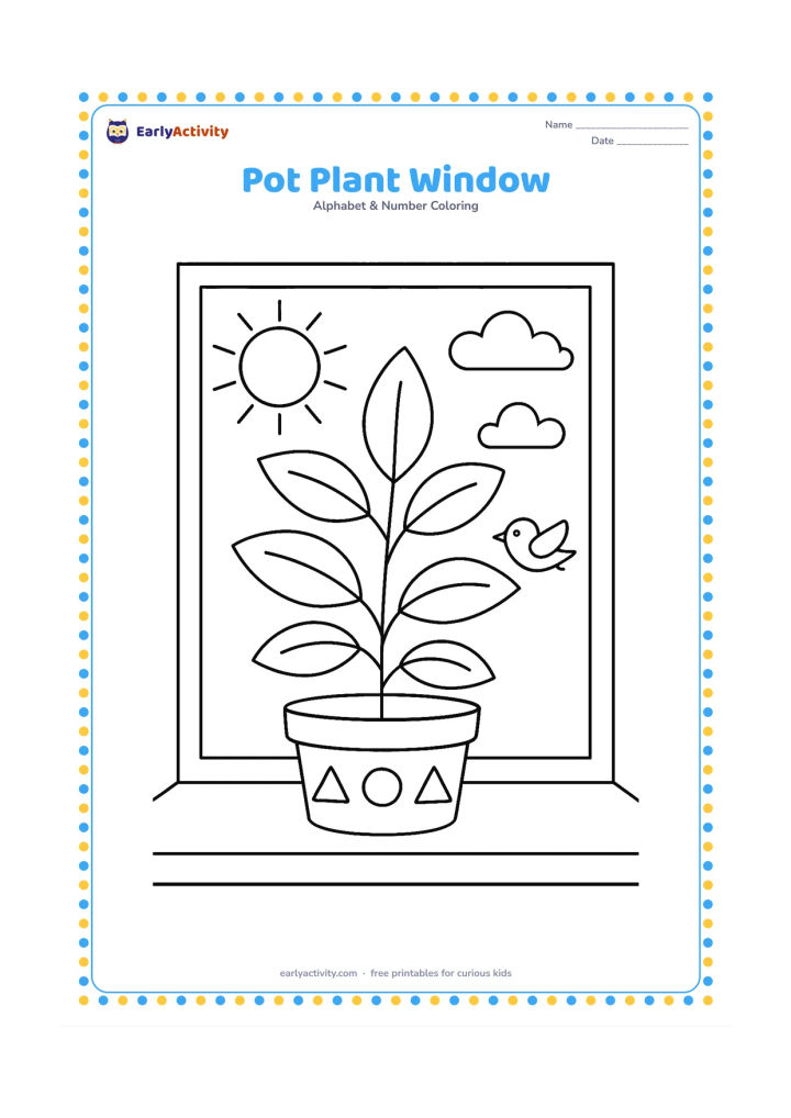 Colouring page: Draw a leafy plant growing in a decorated flowerpot on a windowsill. Outside the window, show a sun, two clouds and a small flying bird.