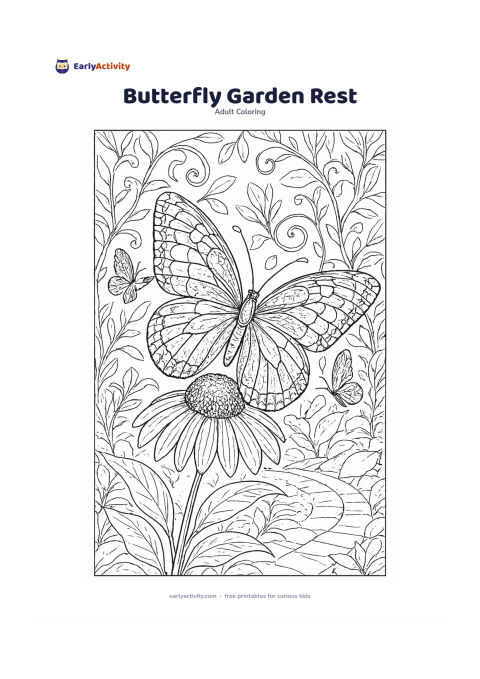 Colouring page: A large butterfly resting on a flowering coneflower in a peaceful garden, with two smaller butterflies, curling stems, overlapping leaves and a low garden path behind it. Show visible…