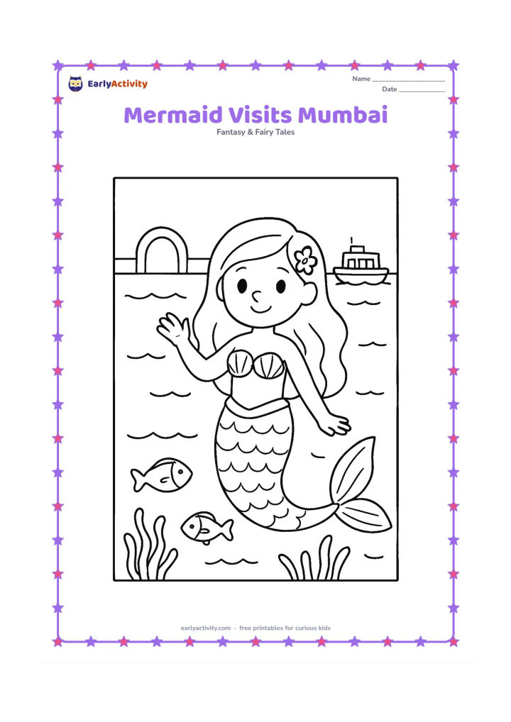Colouring page: A friendly mermaid floats near a stylized Mumbai waterfront with a distant arched landmark, a small ferry boat above the water and fish among sea plants below. Keep the landmark generic…
