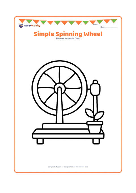 Colouring page: Draw a large charkha, or spinning wheel, viewed from the front with a simple spool and a few curved spokes. Place it on a low wooden platform with one small potted plant beside it.