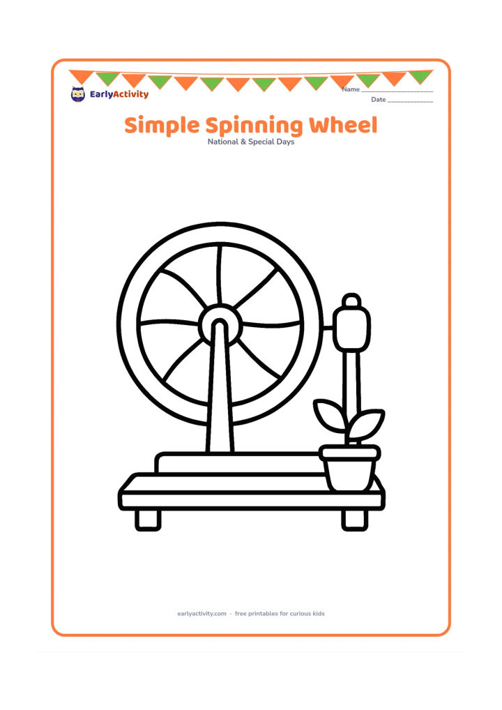 Colouring page: Draw a large charkha, or spinning wheel, viewed from the front with a simple spool and a few curved spokes. Place it on a low wooden platform with one small potted plant beside it.