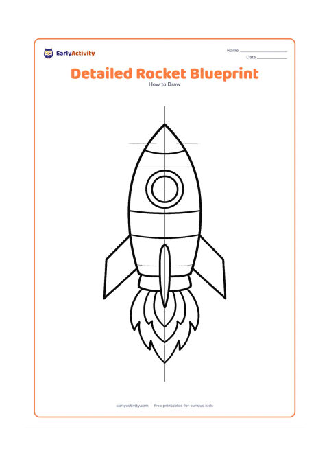 Worksheet: A large upright rocket is constructed from a centre line and light geometric guides, then finished with a pointed nose, multiple fins, a circular window, panel divisions, landing legs…