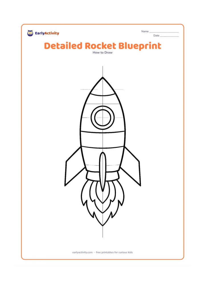 Worksheet: A large upright rocket is constructed from a centre line and light geometric guides, then finished with a pointed nose, multiple fins, a circular window, panel divisions, landing legs…