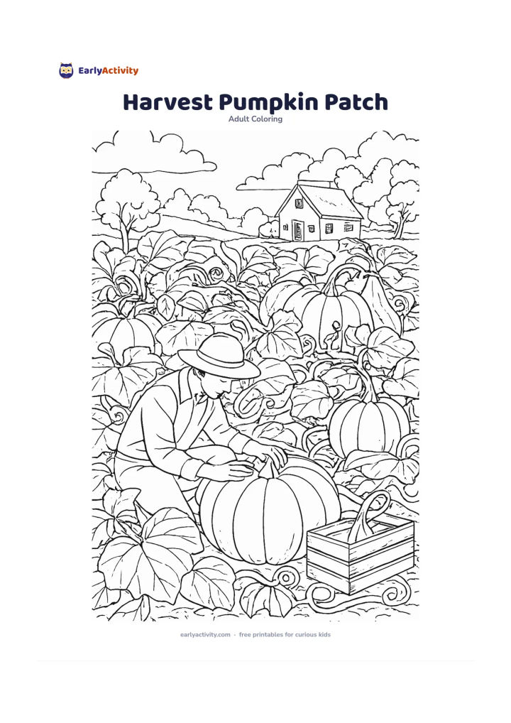 Colouring page: Draw several large pumpkins and gourds in a garden patch, with a person kneeling to inspect one pumpkin. Add broad leaves, curling vines, a wooden crate, and a quiet farmhouse in the…