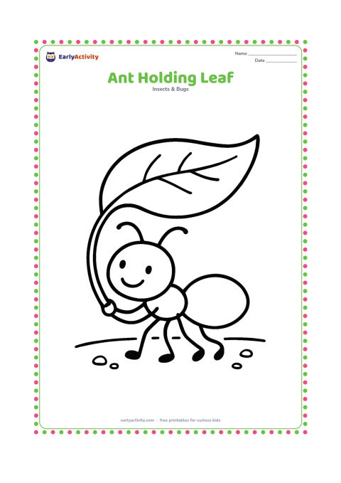 Colouring page: One friendly ant carries a large leaf above its head. Show the ant in side view on open ground with only a few tiny pebbles around it.