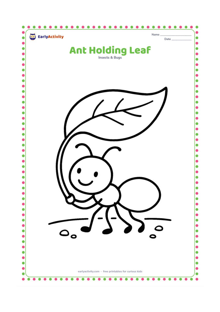 Colouring page: One friendly ant carries a large leaf above its head. Show the ant in side view on open ground with only a few tiny pebbles around it.