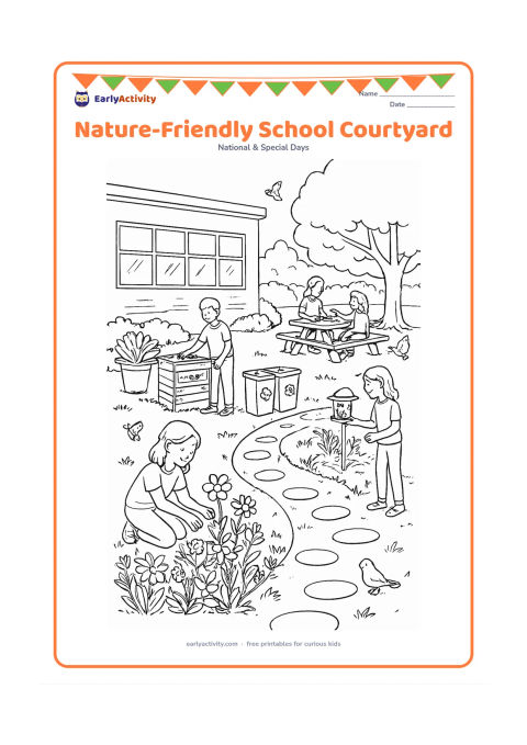 Colouring page: Draw a detailed school courtyard with a large classroom plant, tree-shaded seating, a rain garden, plain sorting bins, a compost corner and pupils caring for flowers and a bird feeder.…