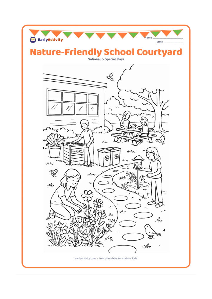 Colouring page: Draw a detailed school courtyard with a large classroom plant, tree-shaded seating, a rain garden, plain sorting bins, a compost corner and pupils caring for flowers and a bird feeder.…
