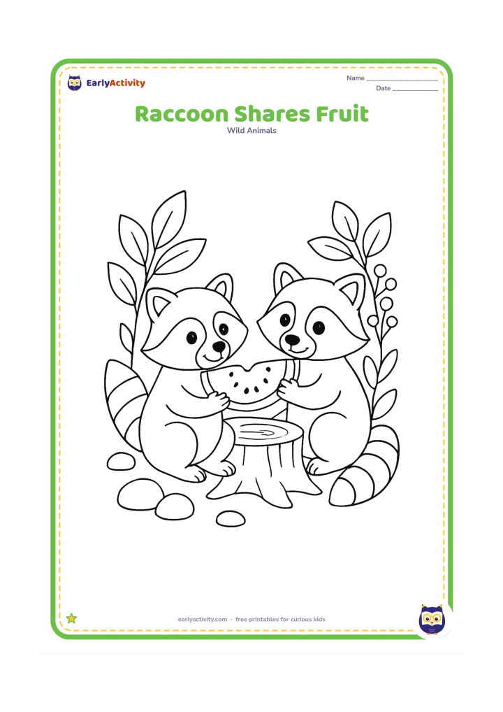 Colouring page: Draw two friendly raccoons sitting beside a low tree stump, each holding one half of a large fruit. Surround them with broad leaves, a berry bush and a few smooth stones.