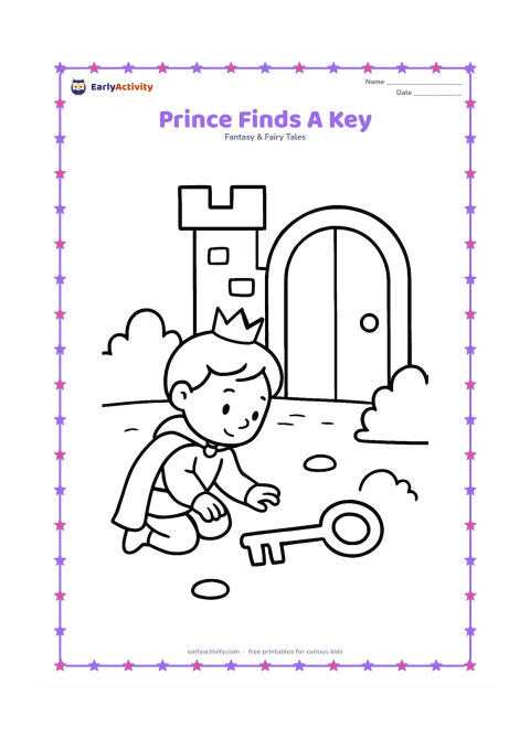 Colouring page: A curious prince kneels beside a large key on a garden path near a castle door. Include two bushes, a round stone, and a simple arched doorway.