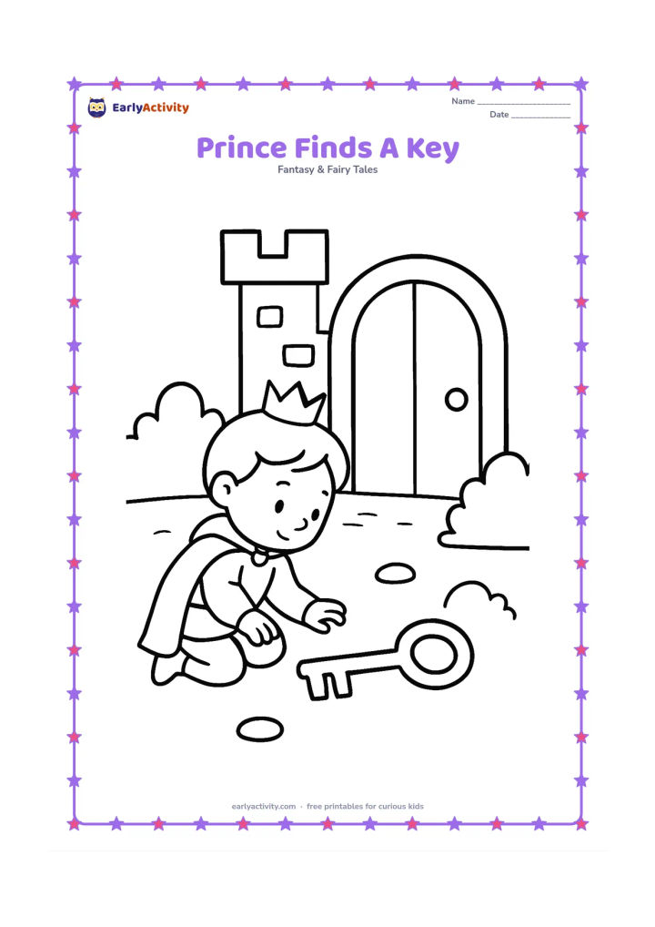 Colouring page: A curious prince kneels beside a large key on a garden path near a castle door. Include two bushes, a round stone, and a simple arched doorway.