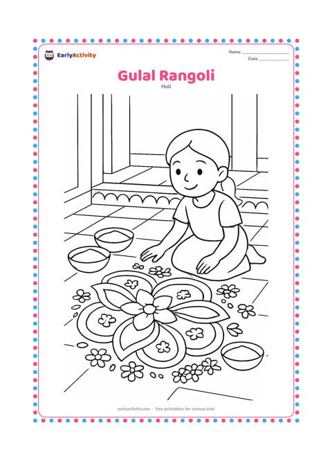Colouring page: A child kneels beside a broad rangoli made from curved gulal sections and flower petals. Show several bowls of powder nearby and a tiled Indian veranda behind the child.