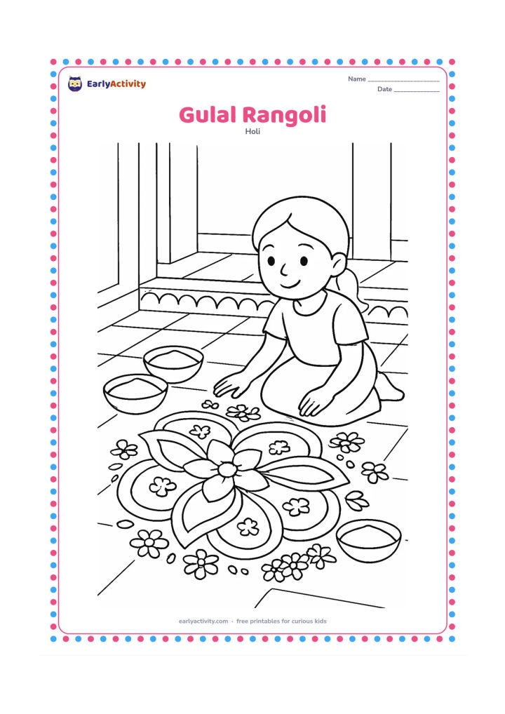 Colouring page: A child kneels beside a broad rangoli made from curved gulal sections and flower petals. Show several bowls of powder nearby and a tiled Indian veranda behind the child.