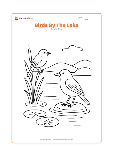 Worksheet: Two different birds stand at the edge of a calm lake, one on a reed and one on a flat stone. Include distinct body sizes, beaks, wings and tails, with water ripples, reeds, lotus leaves…