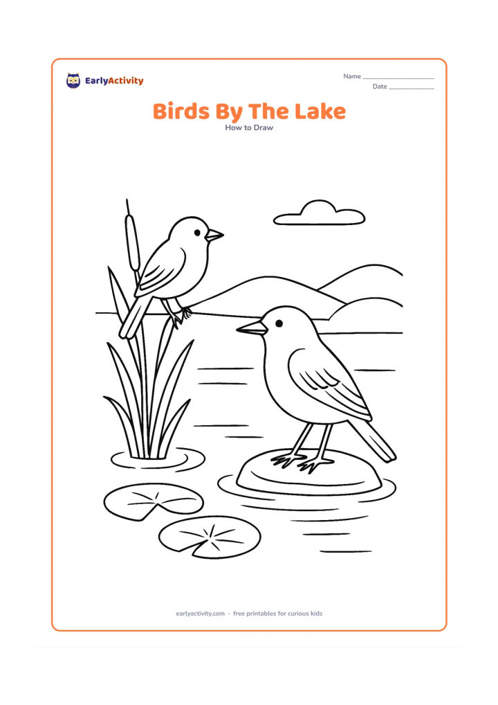 Worksheet: Two different birds stand at the edge of a calm lake, one on a reed and one on a flat stone. Include distinct body sizes, beaks, wings and tails, with water ripples, reeds, lotus leaves…