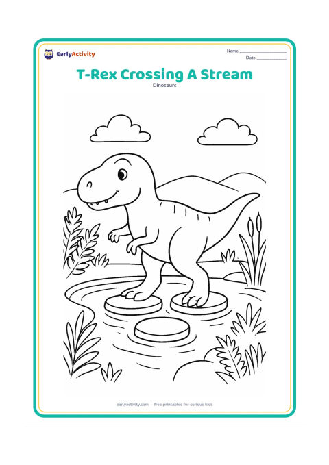 Colouring page: A friendly T-Rex carefully steps across a shallow stream using three flat stepping stones, with its tail held straight for balance. Add ferns, reeds, and distant low hills.