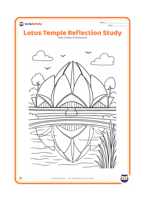 Colouring page: Show a close, detailed view of the Lotus Temple and its reflection in a broad pool, with overlapping petals, window openings, water ripples, reeds, garden trees, and a few birds. Keep…