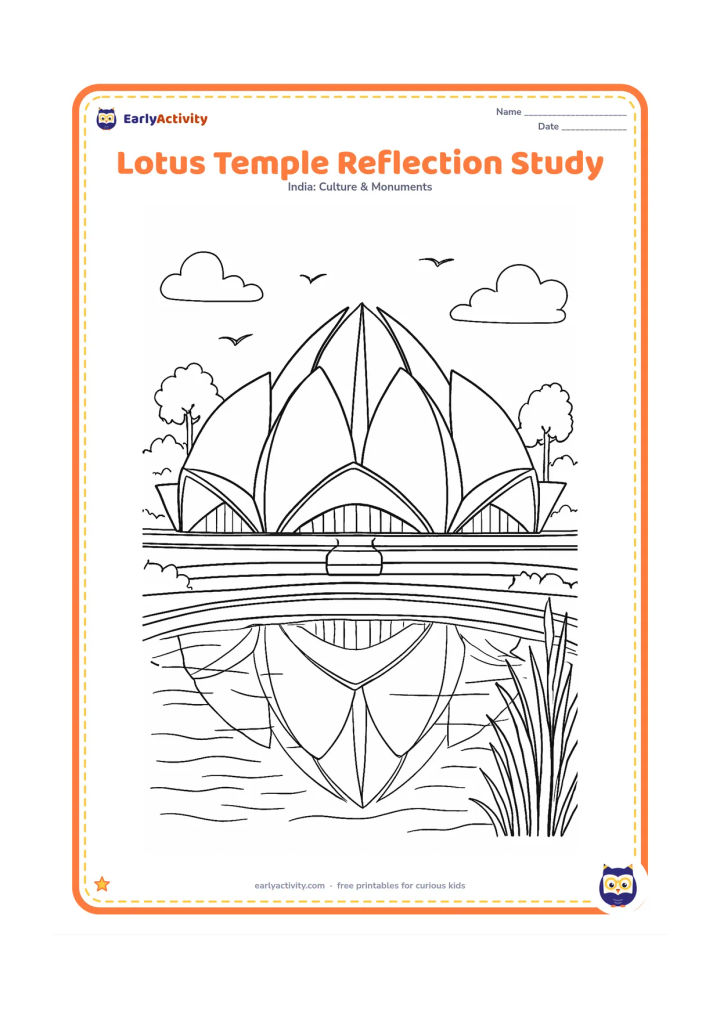 Colouring page: Show a close, detailed view of the Lotus Temple and its reflection in a broad pool, with overlapping petals, window openings, water ripples, reeds, garden trees, and a few birds. Keep…
