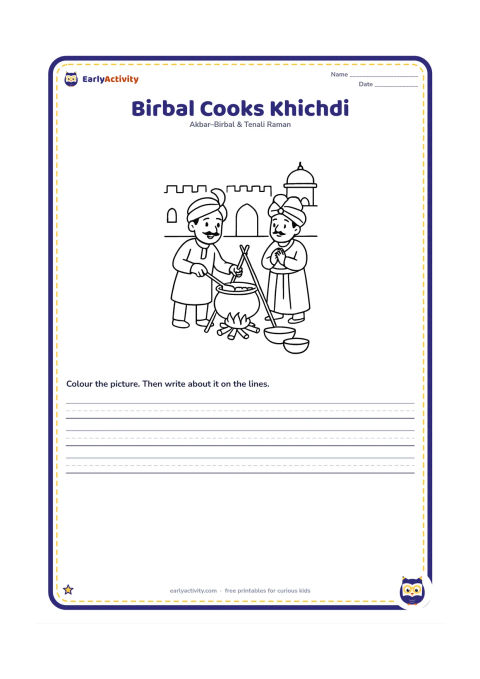 Printable: Show Birbal stirring a pot of khichdi suspended high above a small fire in a palace courtyard. Akbar watches from the side while a few cooking bowls sit on the ground.