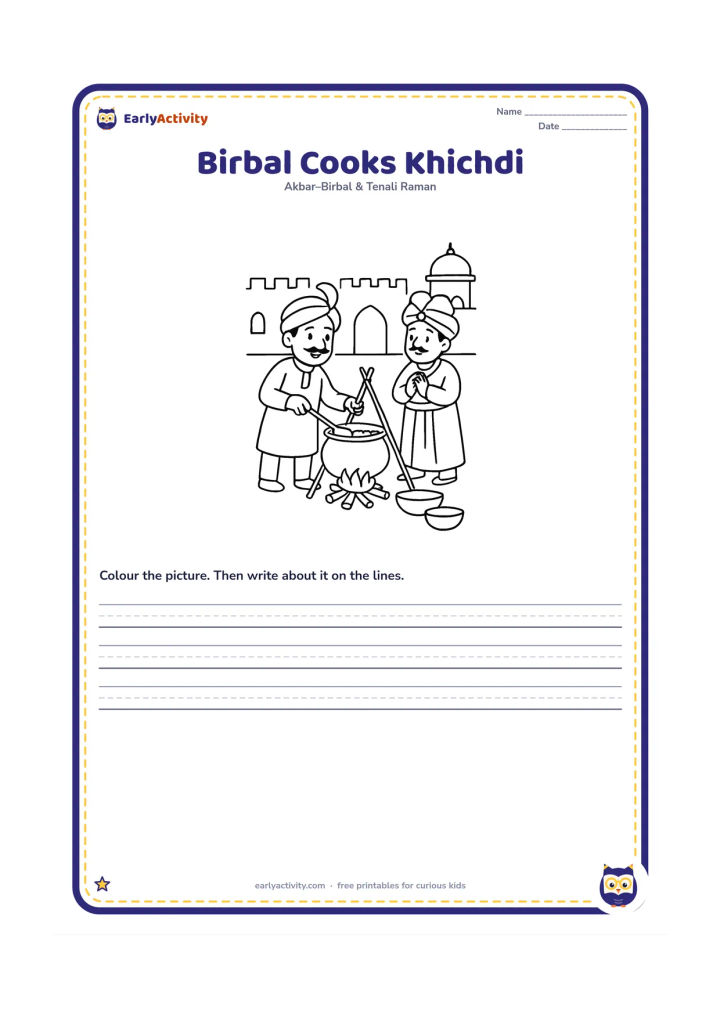 Printable: Show Birbal stirring a pot of khichdi suspended high above a small fire in a palace courtyard. Akbar watches from the side while a few cooking bowls sit on the ground.