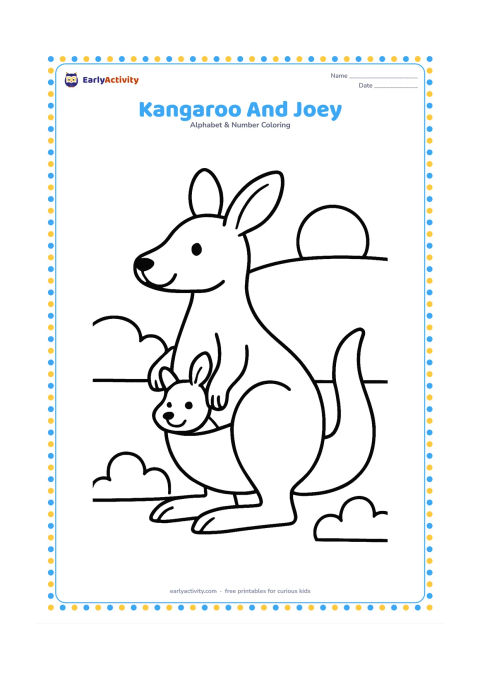 Colouring page: A friendly kangaroo stands side-on with a joey peeking safely from its pouch. Add a few rounded bushes and a low sun in the background.