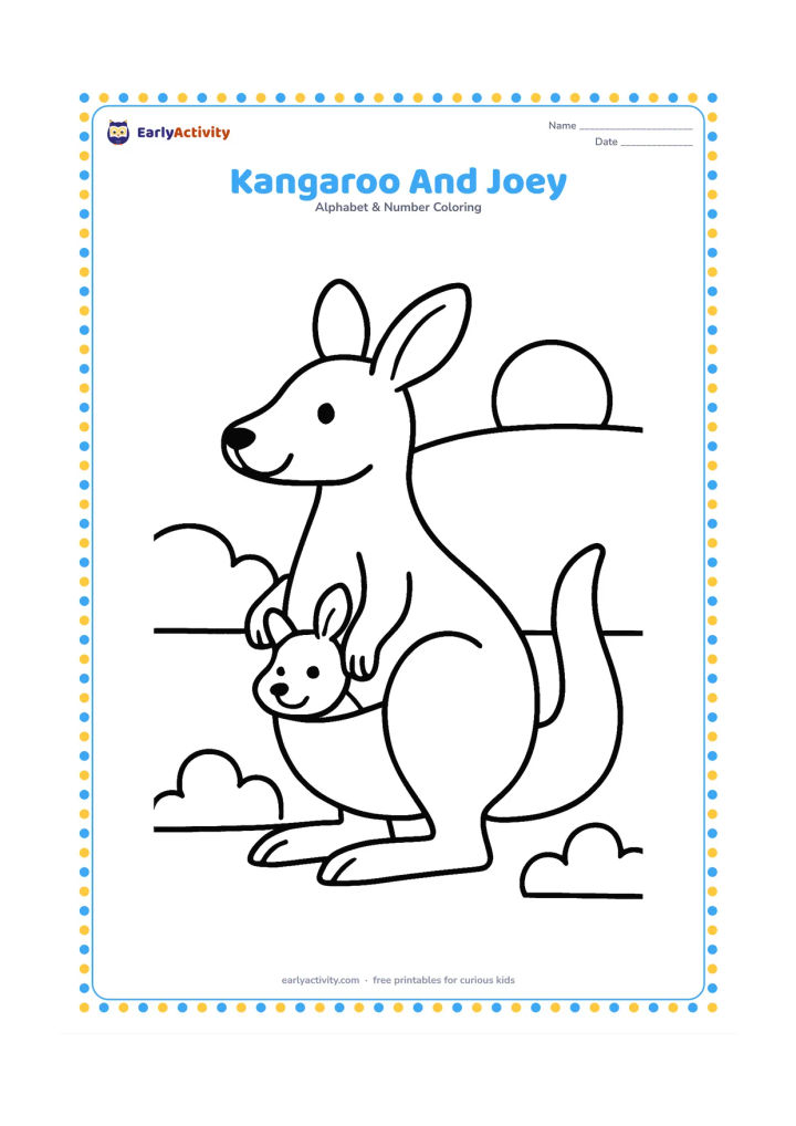 Colouring page: A friendly kangaroo stands side-on with a joey peeking safely from its pouch. Add a few rounded bushes and a low sun in the background.