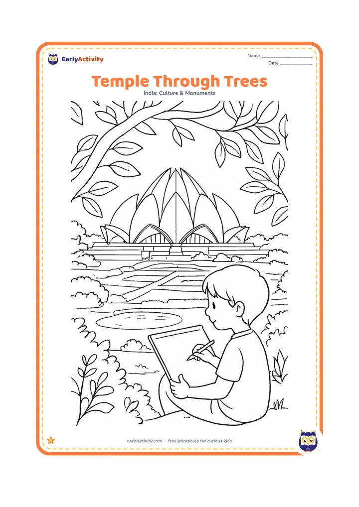 Colouring page: Frame the Lotus Temple through foreground branches and leaves, revealing its layered petals, windows, pools, garden paths, and a child sketching the view on a blank sheet held on their…