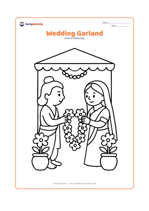 Colouring page: Ram and Sita face each other and hold a large flower garland between them, with a simple decorated canopy and two large flower pots.