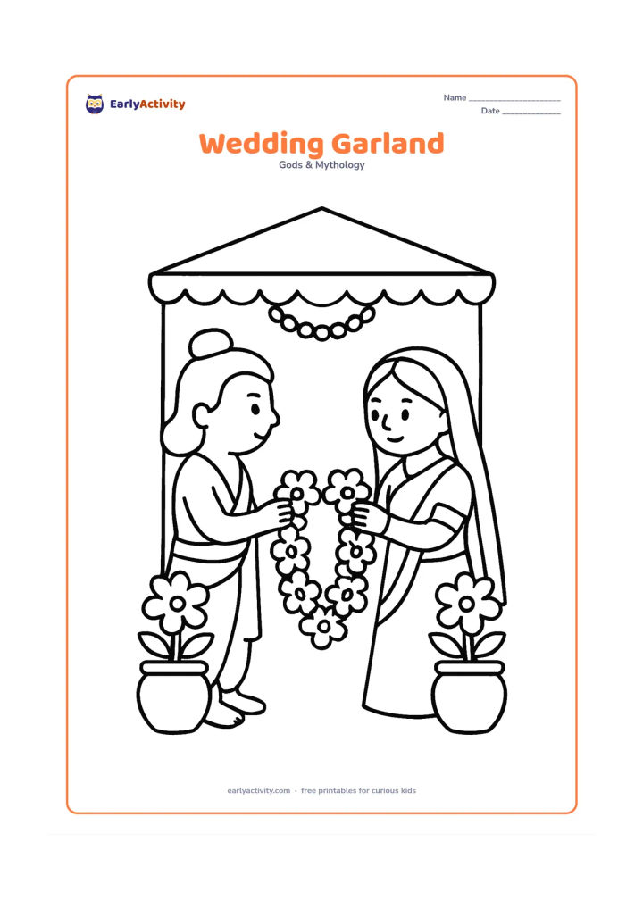 Colouring page: Ram and Sita face each other and hold a large flower garland between them, with a simple decorated canopy and two large flower pots.