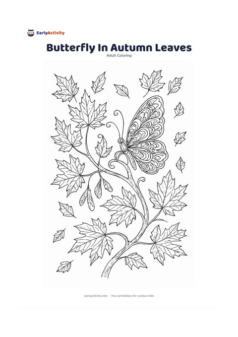 Colouring page: Place a butterfly on a curling branch surrounded by maple-like leaves, seed pods, and a few leaves drifting through the air. Give the butterfly ornate wings with patterns that contrast…