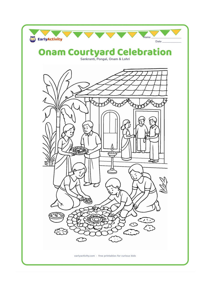 Colouring page: Draw a busy but welcoming Onam courtyard with children making a pookalam, adults serving food, a lamp near the doorway and relatives chatting on the veranda. Add banana plants, flower…