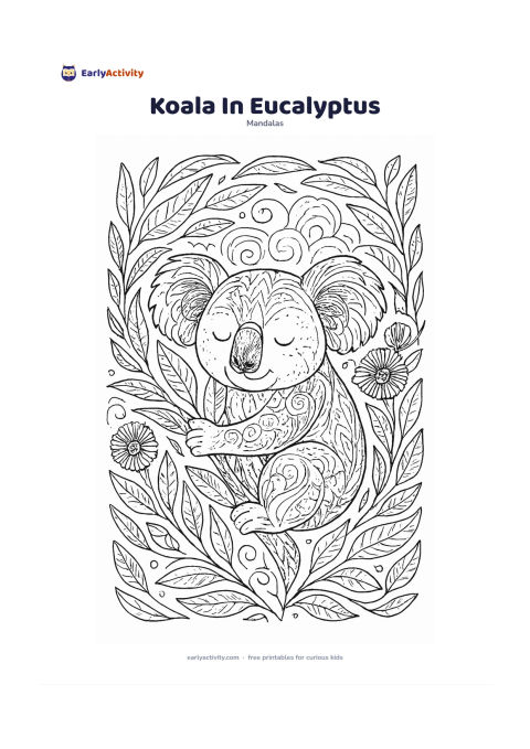 Colouring page: Show a peaceful koala hugging a eucalyptus branch at the centre. Arrange eucalyptus leaves, gum blossoms, bark textures, curling branches, and soft cloud-like rings around the animal in…