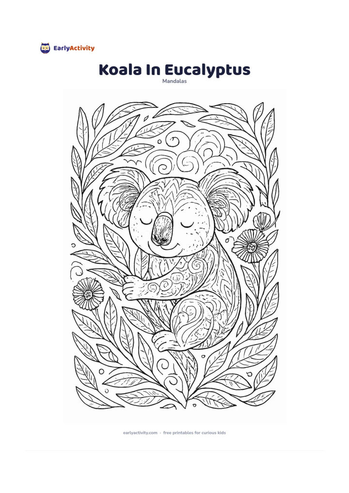 Colouring page: Show a peaceful koala hugging a eucalyptus branch at the centre. Arrange eucalyptus leaves, gum blossoms, bark textures, curling branches, and soft cloud-like rings around the animal in…