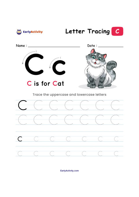 Colouring and tracing page with uppercase and lowercase C letters, a cat, and dotted letter C practice lines.