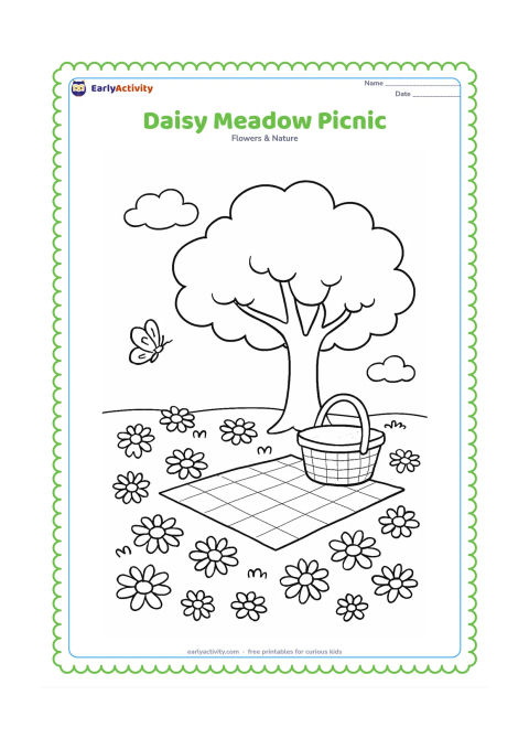 Colouring page: Draw a small picnic cloth beneath a shady tree in a meadow filled with daisies. Add a basket, a butterfly and a few soft clouds, keeping the flowers as the main theme.