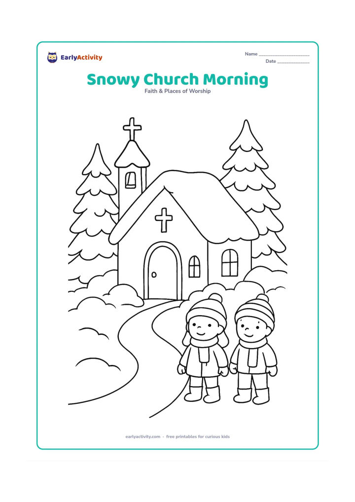 Colouring page: A small church covered with rounded snow shapes stands among evergreen trees, with a cleared path, a bell tower, a cross, and two children wearing winter clothes.