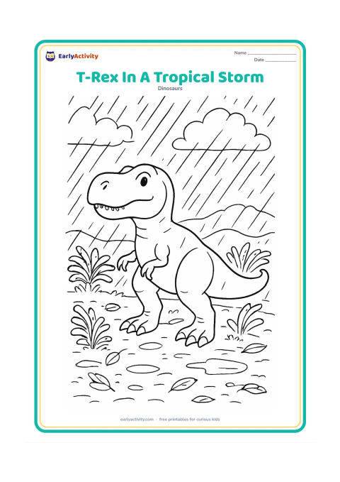 Colouring page: A sturdy T-Rex stands among wind-bent cycads during a rainstorm, with sweeping rain lines, dark cloud outlines, puddles, fallen leaves, and a distant ridge. Show its tail and legs…